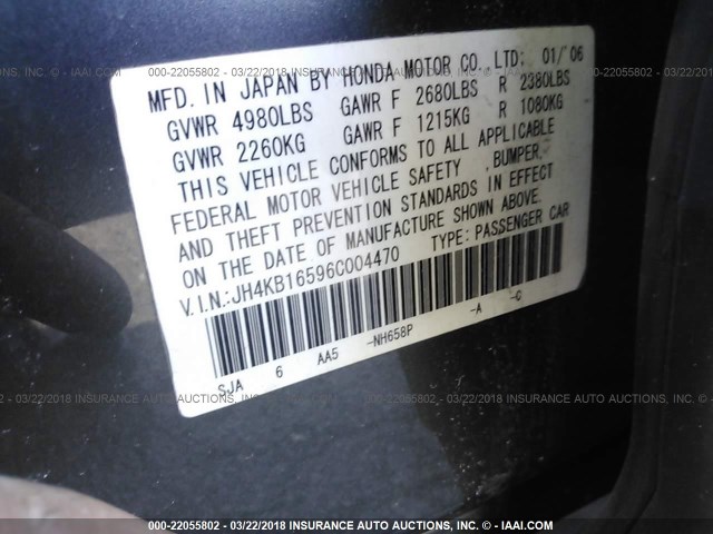 JH4KB16596C004470 - 2006 ACURA RL GRAY photo 9