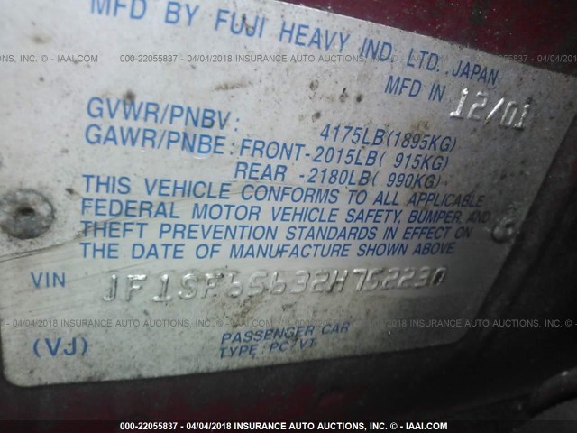 JF1SF65632H752230 - 2002 SUBARU FORESTER S 红色 照片 9