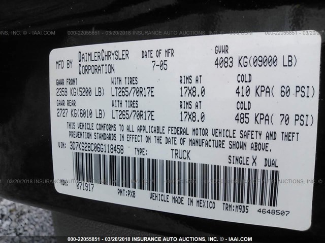 3D7KS28C06G118458 - 2006 DODGE RAM 2500 ST/SLT/LARAMIE შავი ფოტო 9