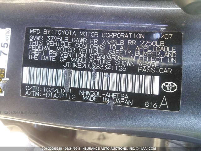 JTDKB20UX83341126 - 2008 TOYOTA PRIUS ნაცრისფერი ფოტო 9