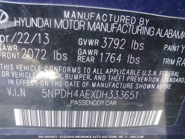 5NPDH4AEXDH333651 - 2013 HYUNDAI ELANTRA GLS/LIMITED BLUE photo 9