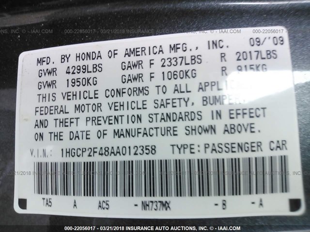 1HGCP2F48AA012358 - 2010 HONDA ACCORD LXP GRAY photo 9