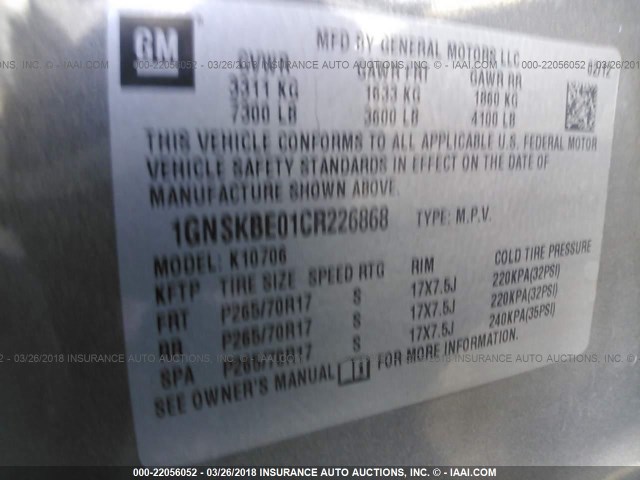 1GNSKBE01CR226868 - 2012 CHEVROLET TAHOE K1500 LT GRAY photo 9