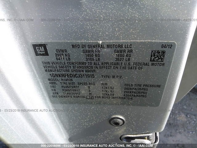 1GNKRFED9CJ311915 - 2012 CHEVROLET TRAVERSE LS SILVER photo 9