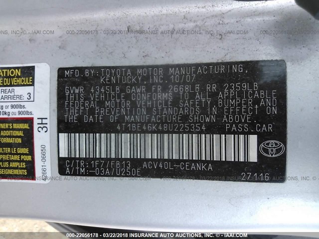 4T1BE46K48U225354 - 2008 TOYOTA CAMRY CE/LE/XLE/SE SILVER photo 9