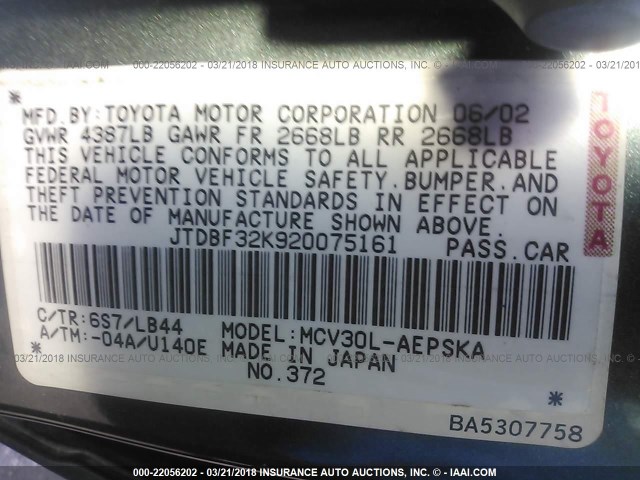 JTDBF32K920075161 - 2002 TOYOTA CAMRY LE/XLE/SE GREEN photo 9