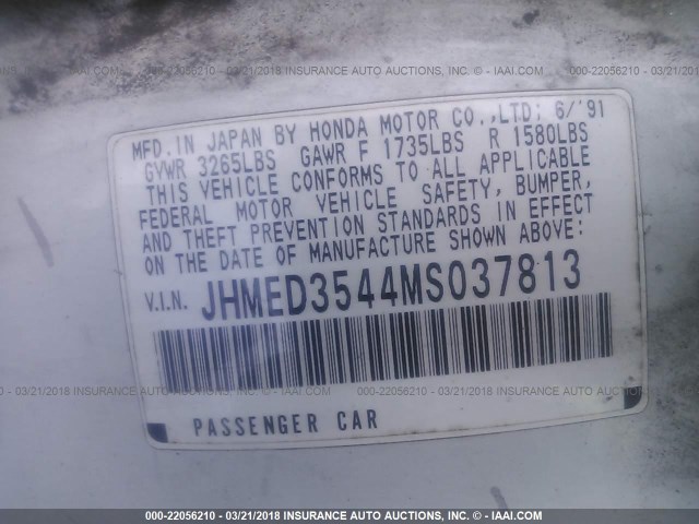 JHMED3544MS037813 - 1991 HONDA CIVIC DX WHITE photo 9