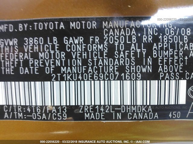 2T1KU40E69C071609 - 2009 TOYOTA COROLLA MATRIX  GOLD photo 9