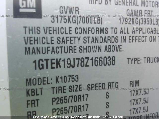 1GTEK19J78Z166038 - 2008 GMC SIERRA K1500 WHITE photo 9