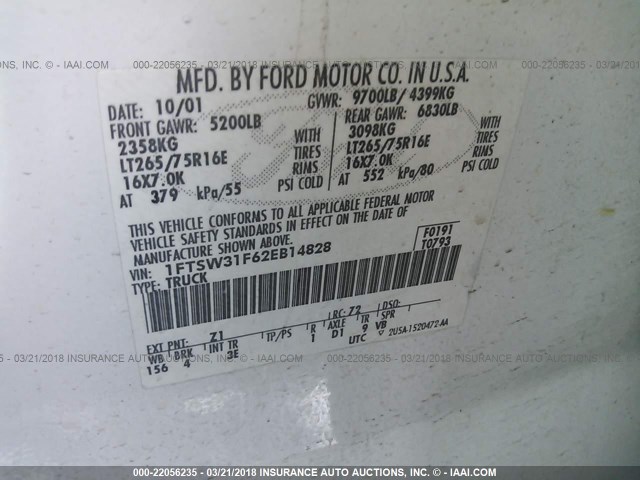 1FTSW31F62EB14828 - 2002 FORD F350 SRW SUPER DUTY WHITE photo 9