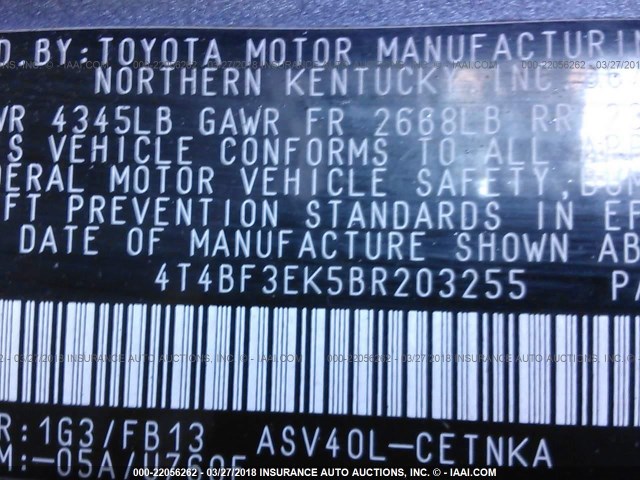 4T4BF3EK5BR203255 - 2011 TOYOTA CAMRY SE/LE/XLE GRAY photo 9
