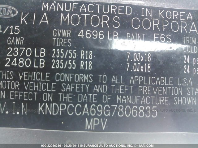 KNDPCCA69G7806835 - 2016 KIA SPORTAGE EX/SX GRAY photo 9