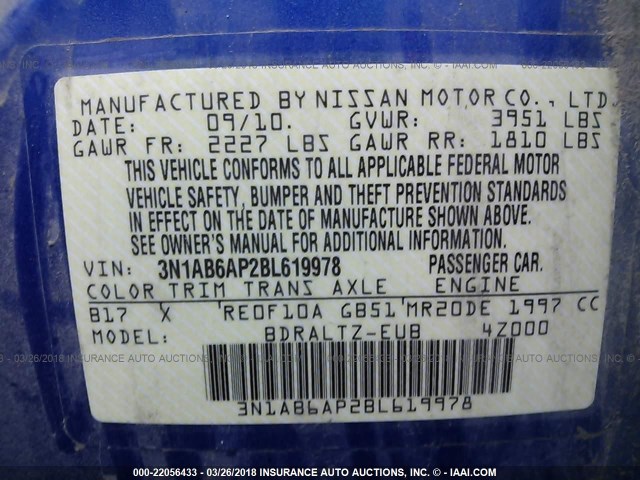 3N1AB6AP2BL619978 - 2011 NISSAN SENTRA 2.0/2.0S/SR/2.0SL BLUE photo 9