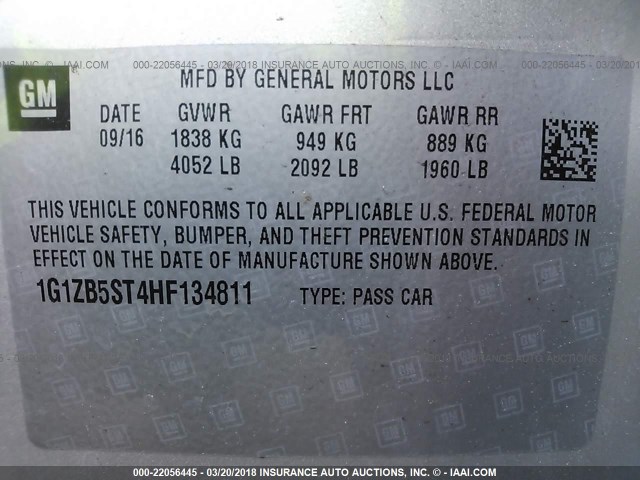 1G1ZB5ST4HF134811 - 2017 CHEVROLET MALIBU LS 银色 照片 9