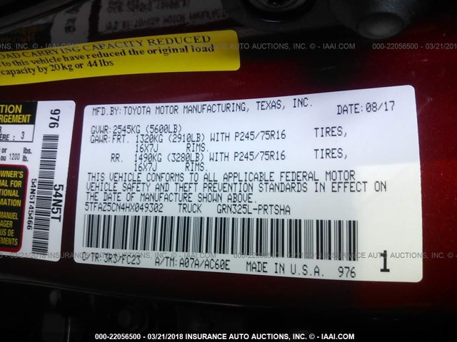 5TFAZ5CN4HX049302 - 2017 TOYOTA TACOMA DBL CAB/SR5/TRD SPORT/OR RED photo 9