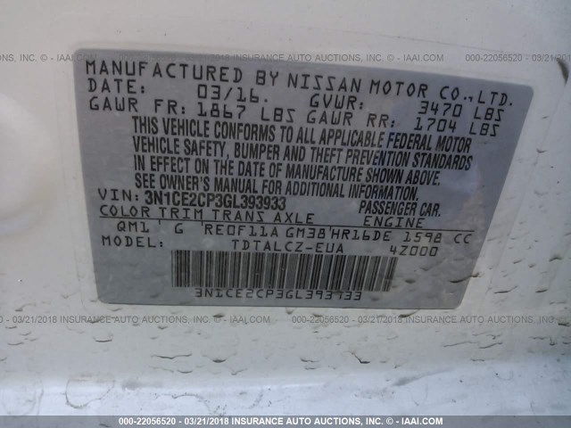 3N1CE2CP3GL393933 - 2016 NISSAN VERSA NOTE S/S PLUS/SV/SL/SR WHITE photo 9