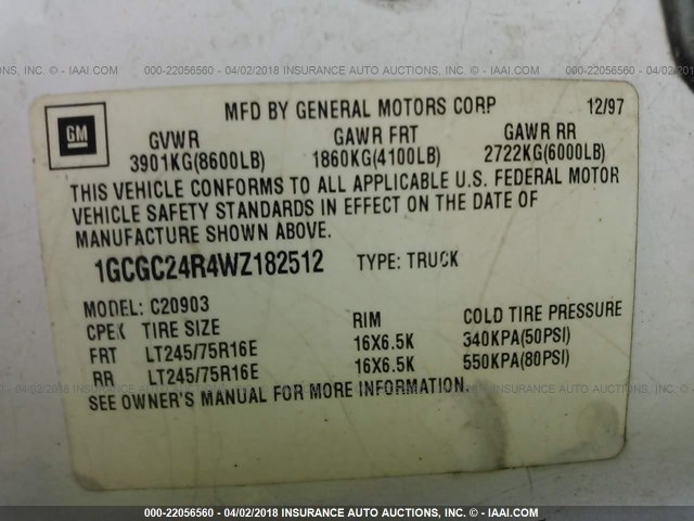 1GCGC24R4WZ182512 - 1998 CHEVROLET GMT-400 C2500 WHITE photo 9