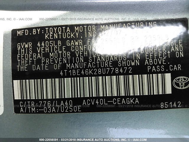 4T1BE46K28U778472 - 2008 TOYOTA CAMRY CE/LE/XLE/SE GREEN photo 9