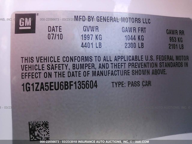 1G1ZA5EU6BF135604 - 2011 CHEVROLET MALIBU LS WHITE photo 9