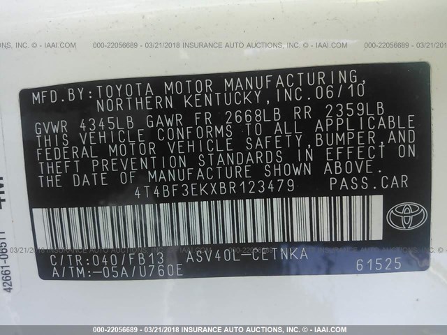 4T4BF3EKXBR123479 - 2011 TOYOTA CAMRY SE/LE/XLE WHITE photo 9