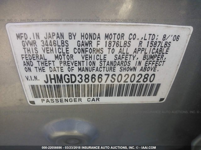 JHMGD38667S020280 - 2007 HONDA FIT S GRAY photo 9