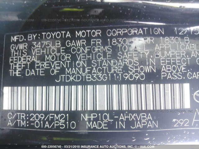 JTDKDTB33G1119090 - 2016 TOYOTA PRIUS C BLACK photo 9