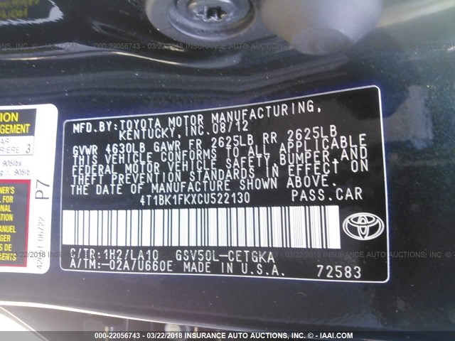 4T1BK1FKXCU522130 - 2012 TOYOTA CAMRY SE/XLE BLUE photo 9