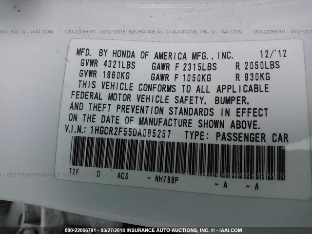 1HGCR2F55DA085257 - 2013 HONDA ACCORD SPORT 白色 照片 9
