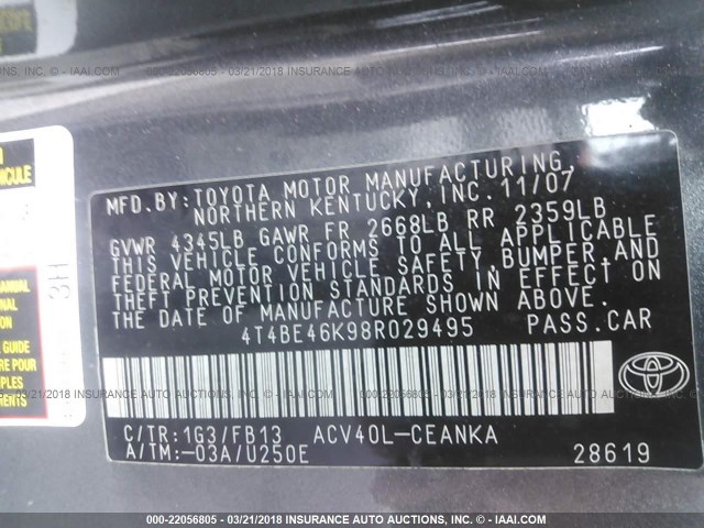 4T4BE46K98R029495 - 2008 TOYOTA CAMRY CE/LE/XLE/SE GRAY photo 9
