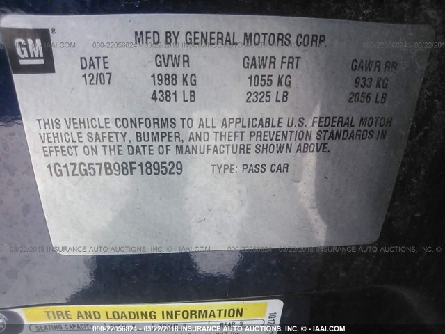 1G1ZG57B98F189529 - 2008 CHEVROLET MALIBU LS 蓝色 照片 9