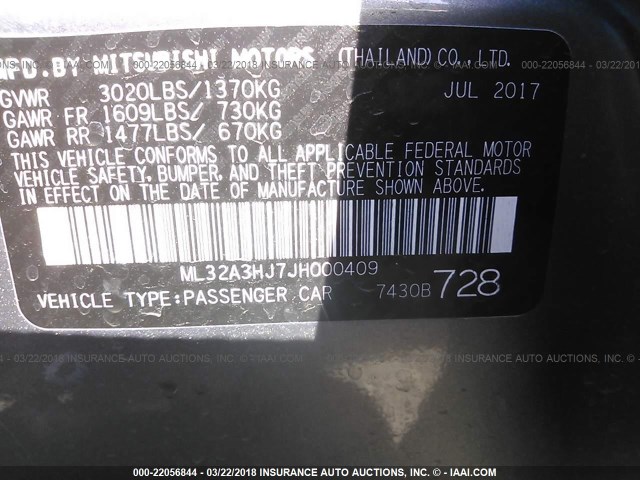 ML32A3HJ7JH000409 - 2018 MITSUBISHI MIRAGE ES GRAY photo 9