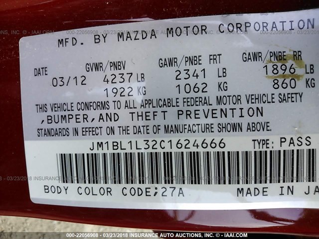 JM1BL1L32C1624666 - 2012 MAZDA SPEED 3 RED photo 9