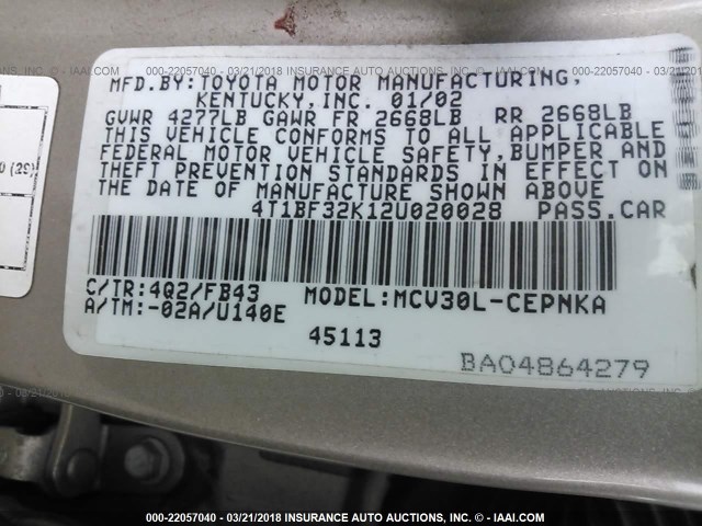 4T1BF32K12U020028 - 2002 TOYOTA CAMRY LE/XLE/SE GOLD photo 9