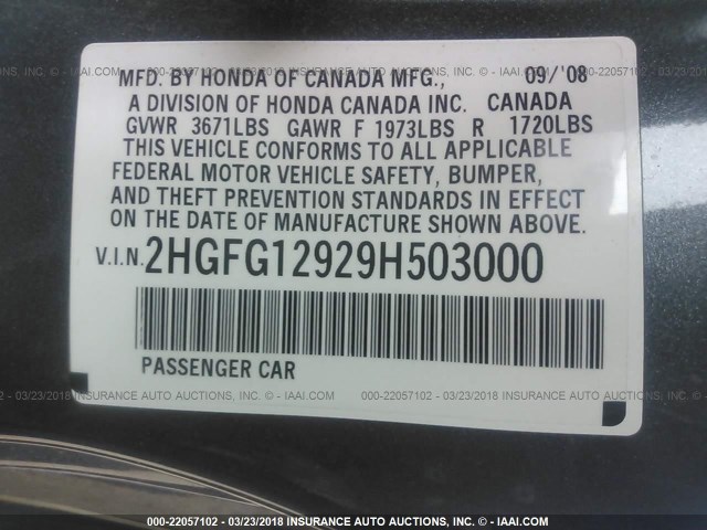 2HGFG12929H503000 - 2009 HONDA CIVIC EXL Boz foto 9