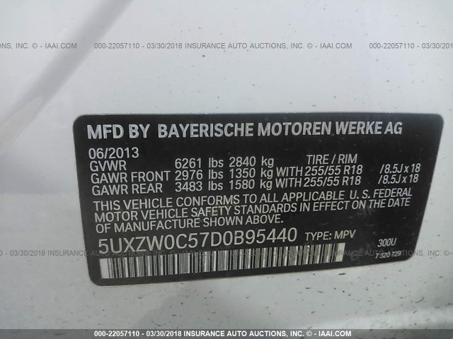 5UXZW0C57D0B95440 - 2013 BMW X5 XDRIVE35D WHITE photo 9