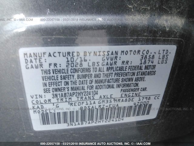 3N1AB7AP2HY224104 - 2017 NISSAN SENTRA S/SV/SR/SL GRAY photo 9