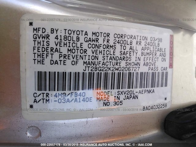 JT2BG22K2W0206727 - 1998 TOYOTA CAMRY CE/LE/XLE BEIGE photo 9