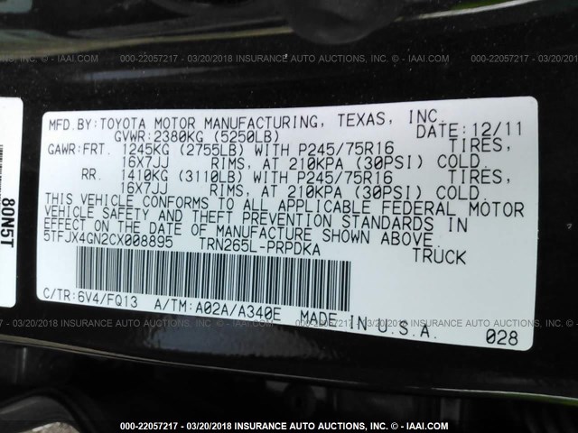 5TFJX4GN2CX008895 - 2012 TOYOTA TACOMA DOUBLE CAB 绿色 照片 9