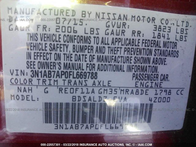 3N1AB7AP0FL669788 - 2015 NISSAN SENTRA S/SV/SR/SL MAROON photo 9