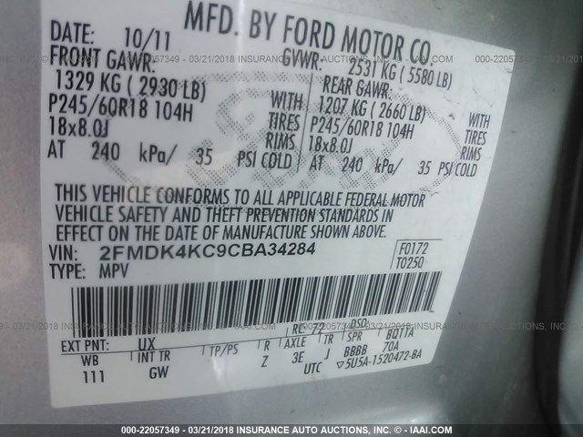 2FMDK4KC9CBA34284 - 2012 FORD EDGE LIMITED SILVER photo 9