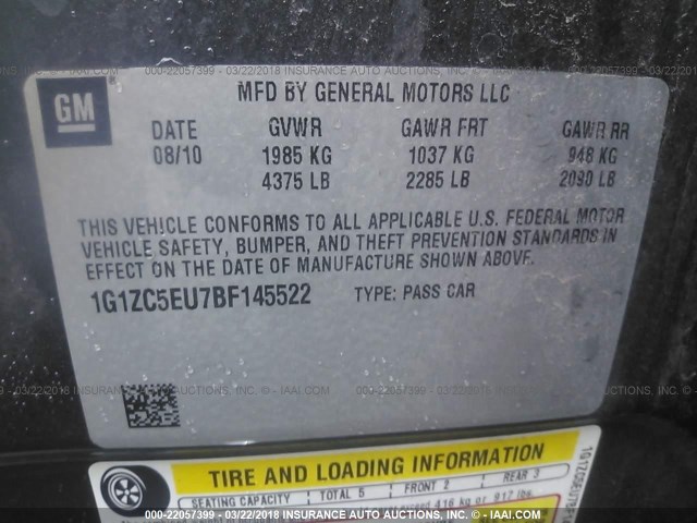 1G1ZC5EU7BF145522 - 2011 CHEVROLET MALIBU 1LT 灰色 照片 9