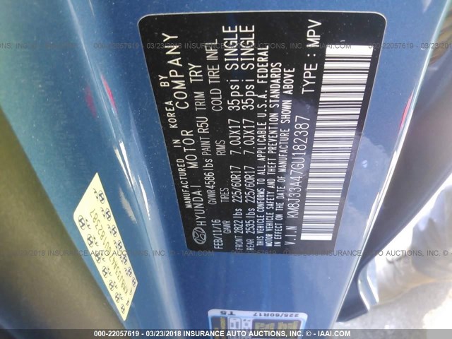 KM8J33A47GU182387 - 2016 HYUNDAI TUCSON LIMITED/SPORT AND ECO/SE BLUE photo 9