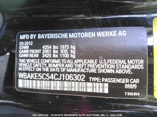 WBAKE5C54CJ106302 - 2012 BMW 328 I SULEV BLACK photo 9