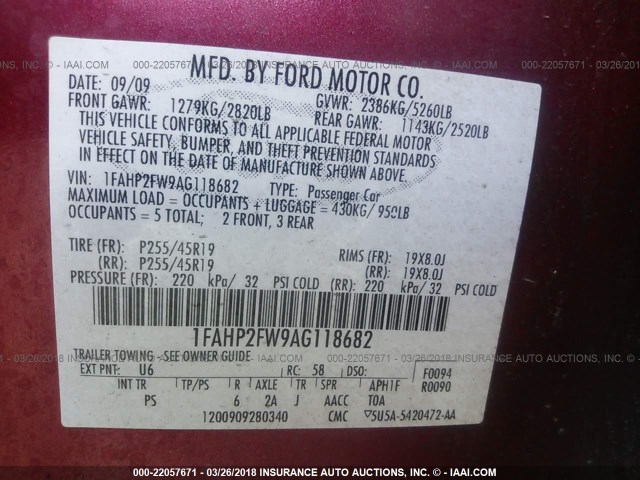 1FAHP2FW9AG118682 - 2010 FORD TAURUS LIMITED RED photo 9