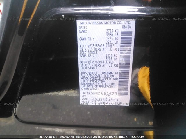 5N1AR2MN0GC661673 - 2016 NISSAN PATHFINDER S/SV/SL/PLATINUM 黑色 照片 9
