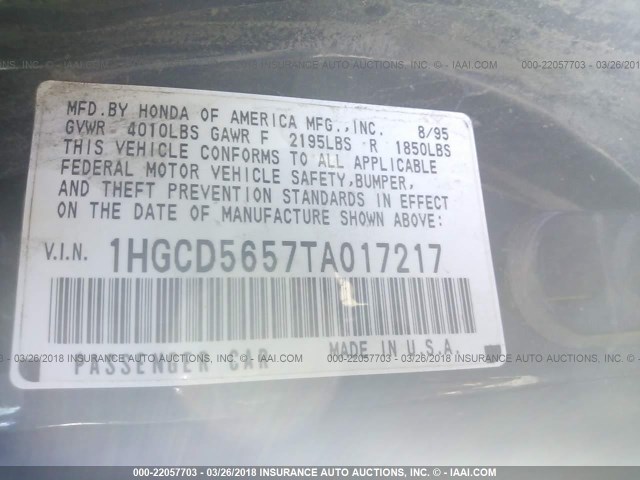 1HGCD5657TA017217 - 1996 HONDA ACCORD EX/EX-R BLACK photo 9