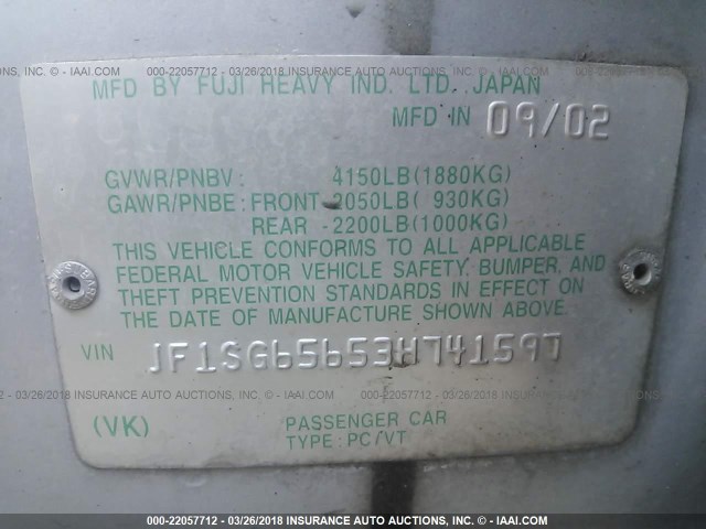 JF1SG65653H741597 - 2003 SUBARU FORESTER 2.5XS ვერცხლისფერი ფოტო 9