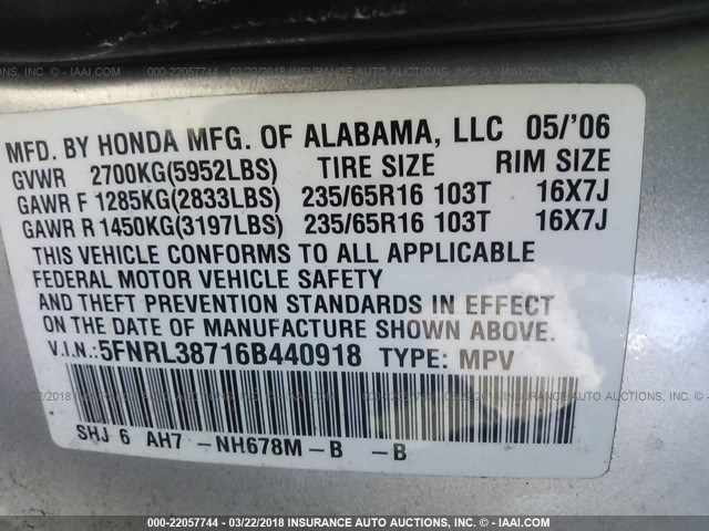 5FNRL38716B440918 - 2006 HONDA ODYSSEY EXL ვერცხლისფერი ფოტო 9