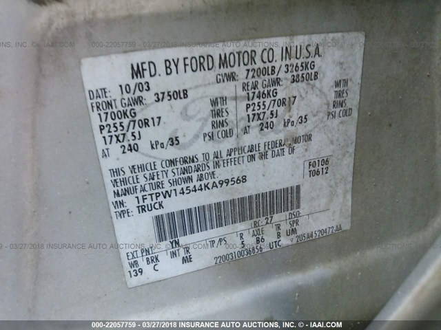 1FTPW14544KA99568 - 2004 FORD F150 SUPERCREW SILVER photo 9