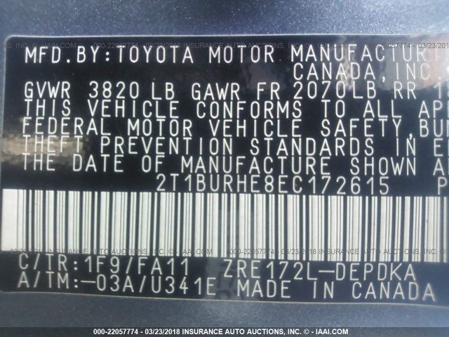 2T1BURHE8EC172615 - 2014 TOYOTA COROLLA L/LE/LE PLS/PRM/S/S PLS GRAY photo 9